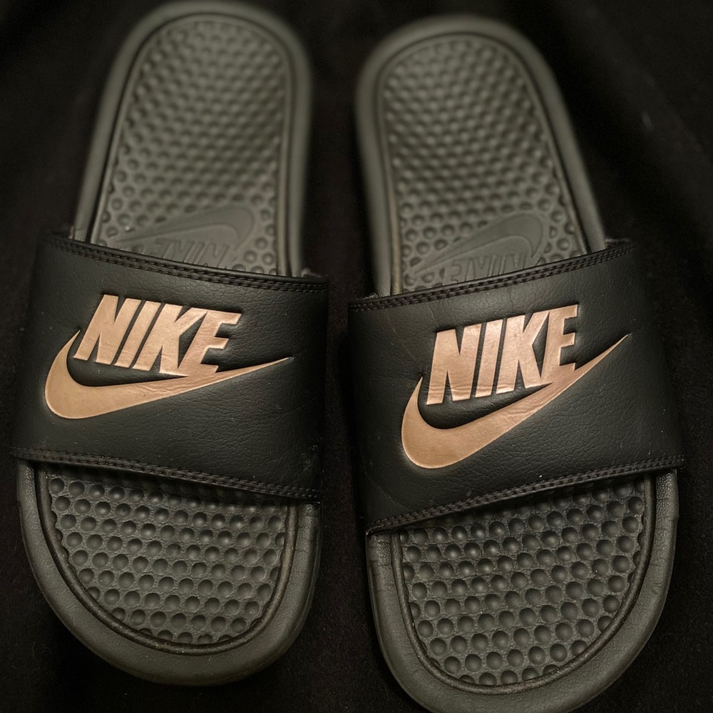 Nike black and rose gold slip on slide shoes